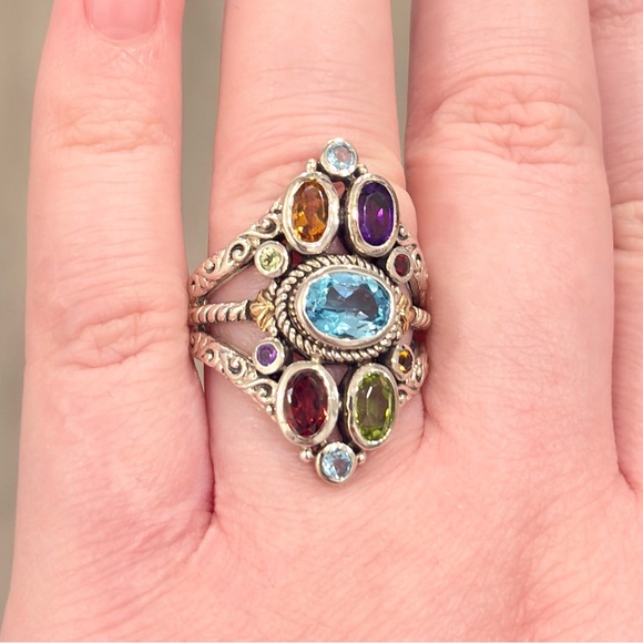 Sterling 18K Large Gemstone Ring, Bali Style Filigree Size 8.5 Rainbow Multigem - Picture 6 of 17